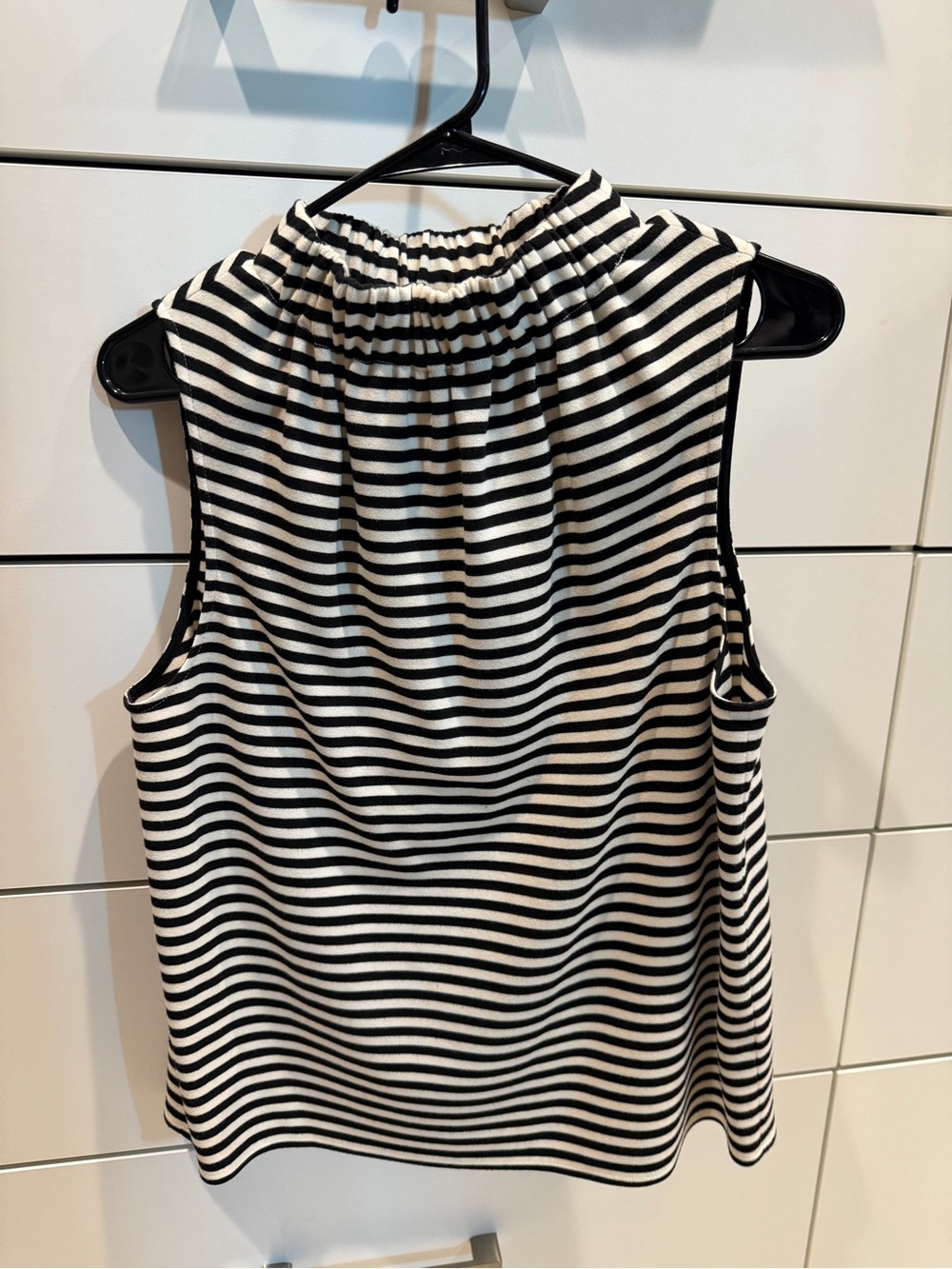 Tibi Black and White Striped Sleeveless Mock Neck Tank